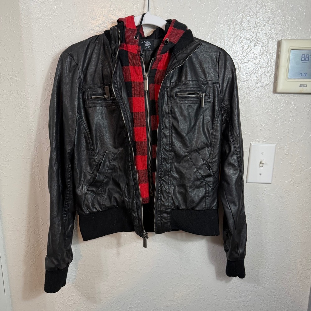 Ashley by Twenty Six International Faux Leather Plaid Hoodie Bomber Jacket M